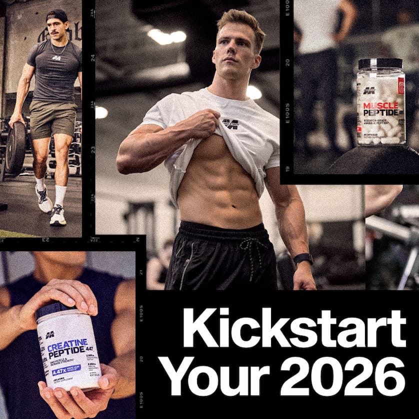 A muscular man lifts his shirt, showcasing abs in a gym. Other images show him lifting weights and holding supplement jars. Text: "Kickstart Your 2026." The tone is motivational and energetic.