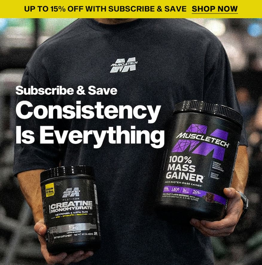 MuscleTech Platinum 100% Creatine, Cell-Tech, and Creatine Chews displayed together for the Buy One Get One 50% Off Mix and Match event