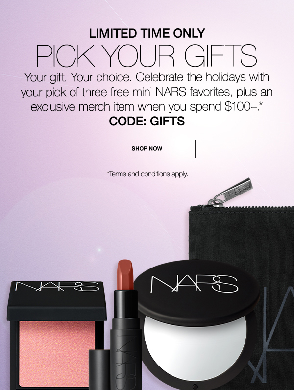 Celebrate the holidays with your pick of three free mini NARS favorites, plus an exclusive merch item with $100+.* CODE: GIFTS