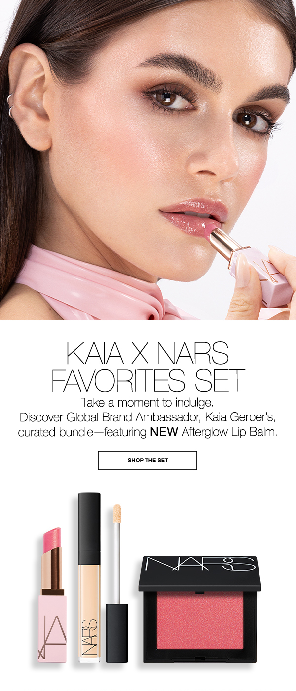 Take a moment to indulge in the Kaia X NARS Favorites Set—featuring NEW Afterglow Lip Balm.