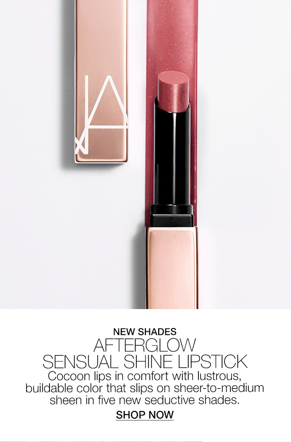 Cocoon lips in five new seductive shades of Afterglow Sensual Shine Lipstick’s buildable color.