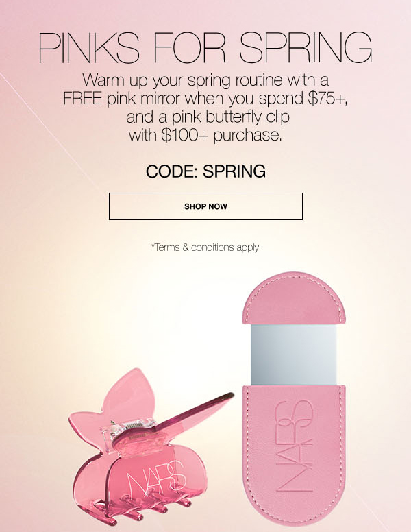 Warm up your spring routine with a FREE pink mirror when you spend $75+, and a pink butterfly clip with $100+. CODE: SPRING