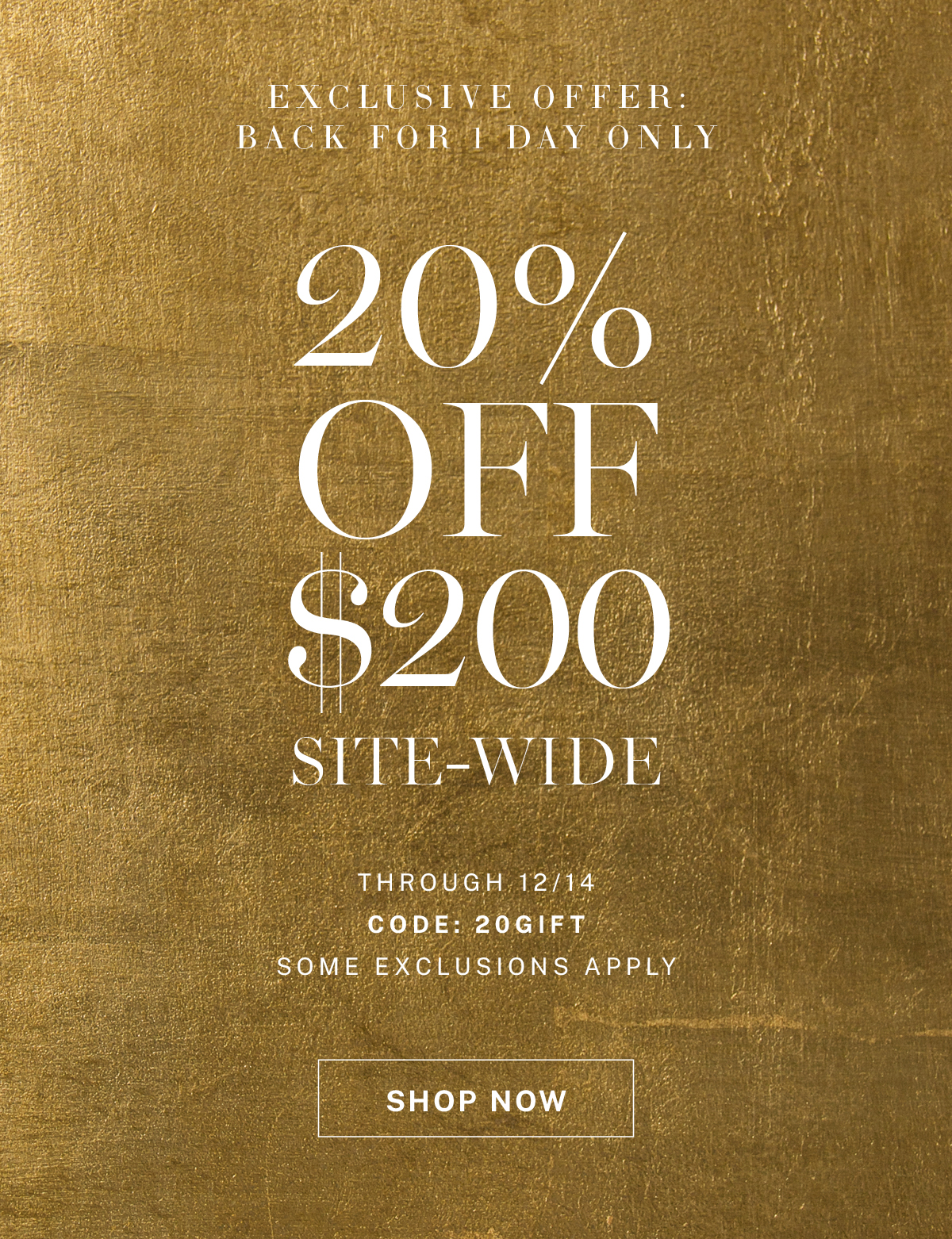 Take 20% off sitewide. Use code 20GIFT through 12/14.