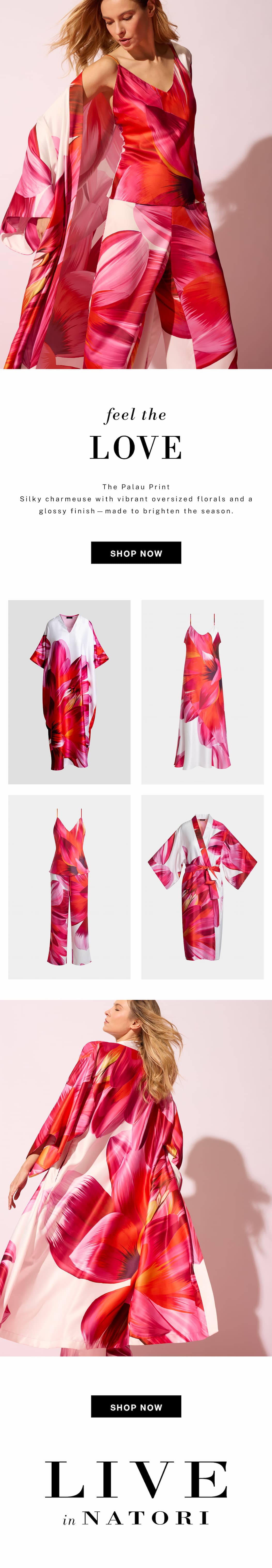 Silky charmeuse with vibrant oversized florals and a glossy finish.