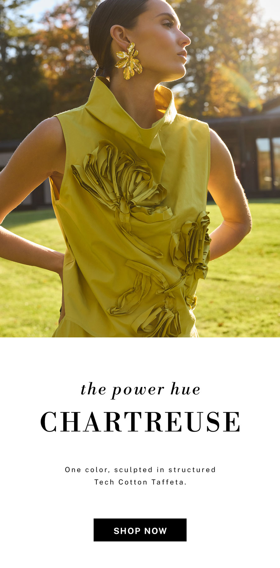 One color, sculpted in structured Tech Cotton Taffeta.