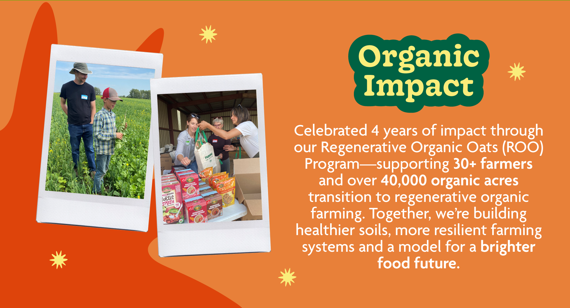 Celebrated 4 years of impact through our Regenerative Organic Oats (ROO) Program—supporting 30+ farmers and over 40,000 organic acres transition to regenerative organic farming. Together, we’re building healthier soils, more resilient farming systems and a model for a brighter food future. 