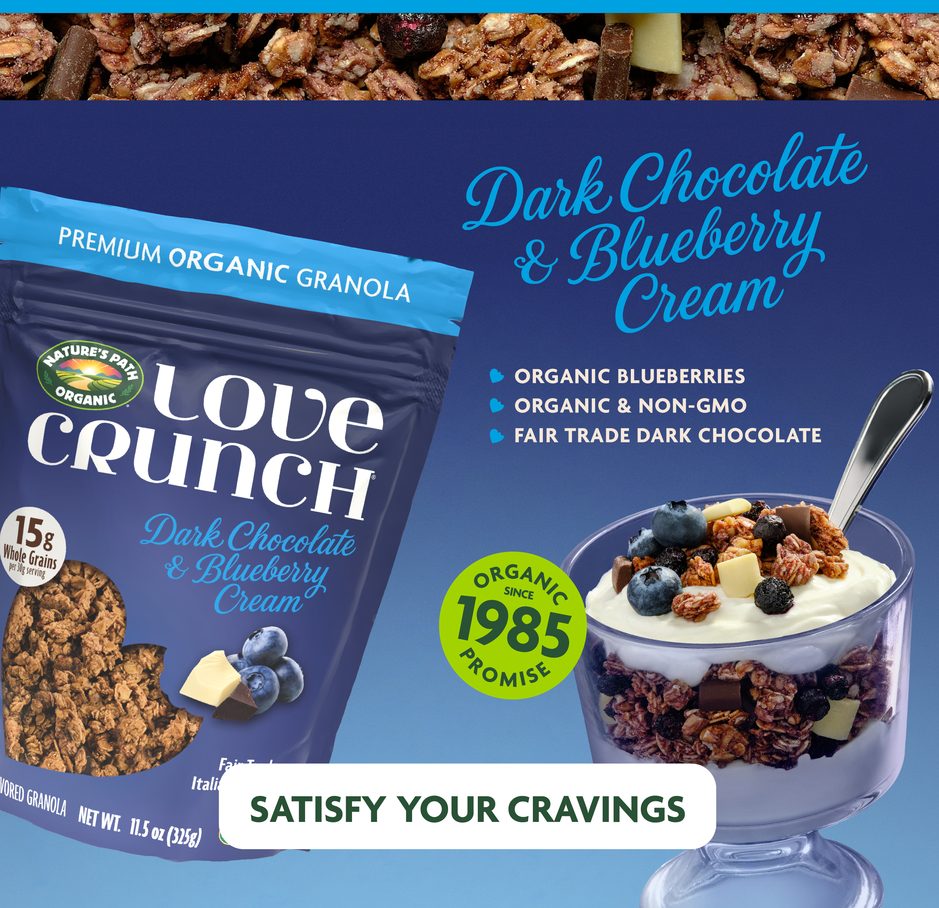 Dark Chocolate & Blueberry Cream. SATISFY YOUR CRAVING