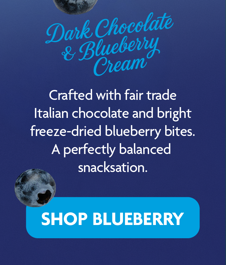  Crafted with fair trade Italian chocolate and bright freeze-dried blueberry bites. A perfectly balanced snacksation.  