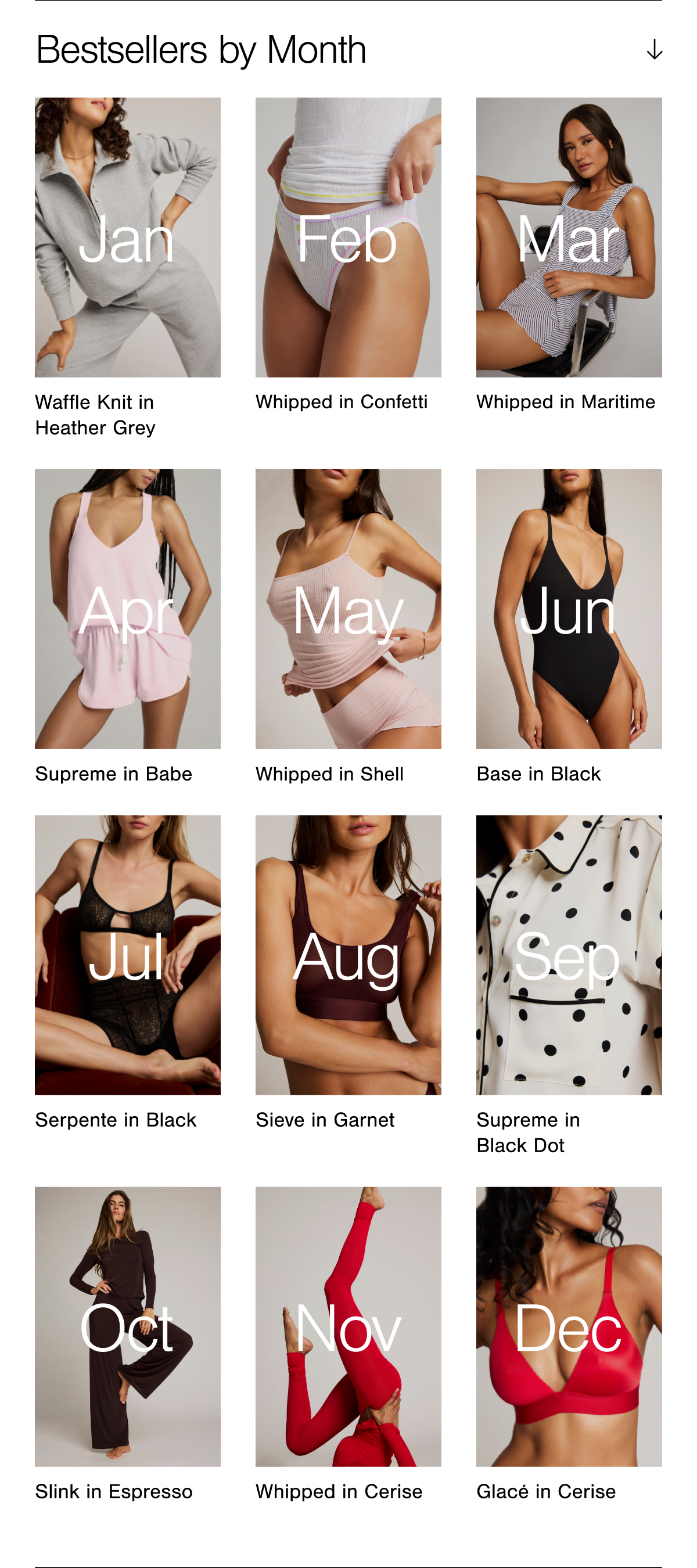 A grid of bestselling launches throughout the year. Includes Waffle Knit, Whipped, Supreme, Base, Serpente, Sieve, and Slink fabrics. 
