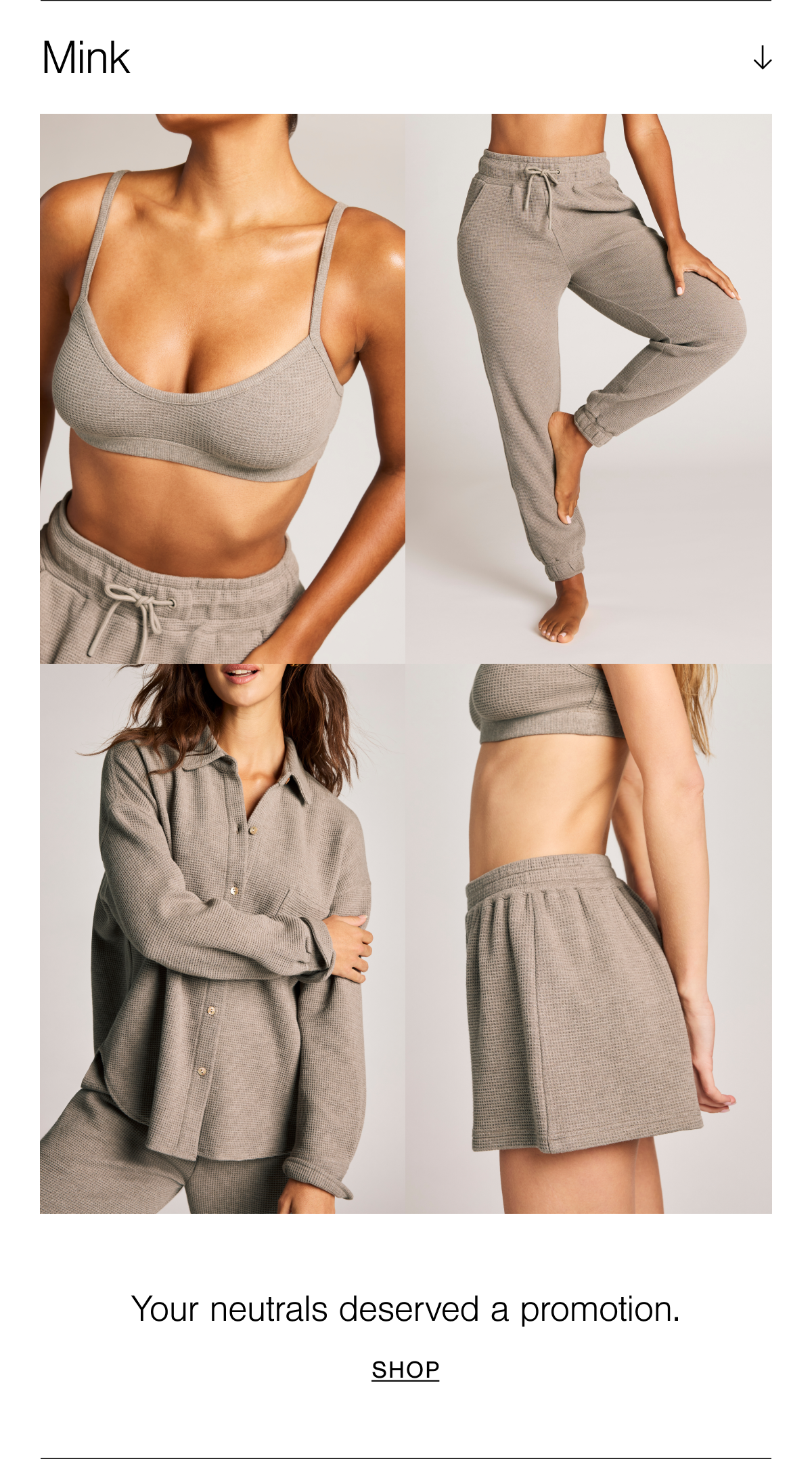 A grid of four Waffle Knit styles in Mink. Mink is a soft café au lait muted river stone shade.