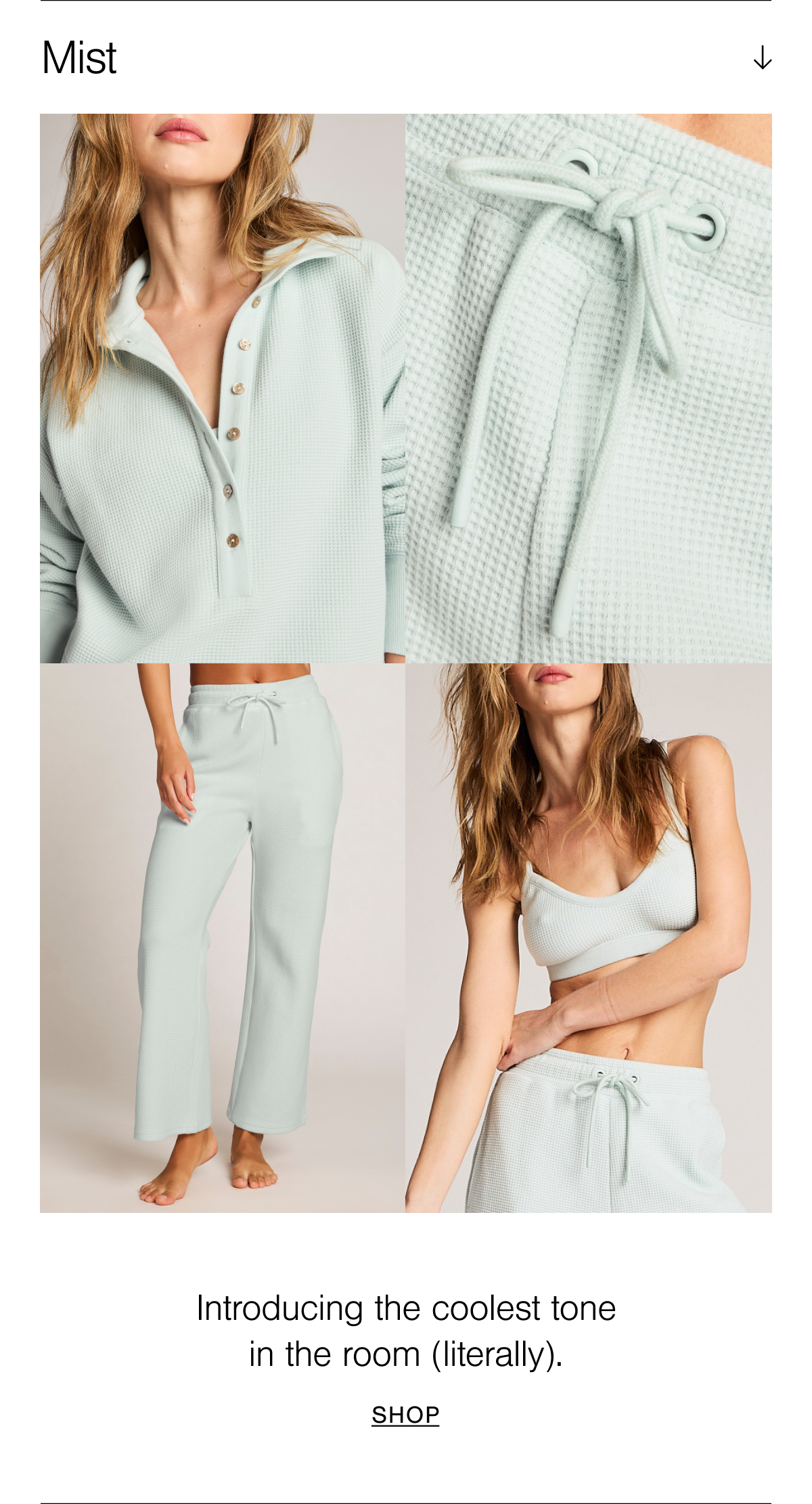 A grid of four Waffle Knit styles in Mist. Mist is a pale frosted glass blue-green shade.