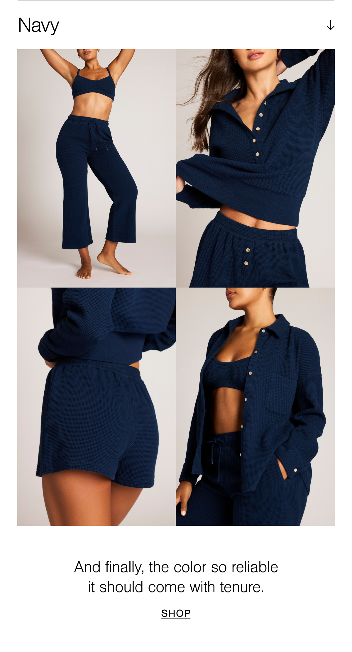 A grid of four Waffle Knit styles in Navy. Navy is an inky deep blue tone.