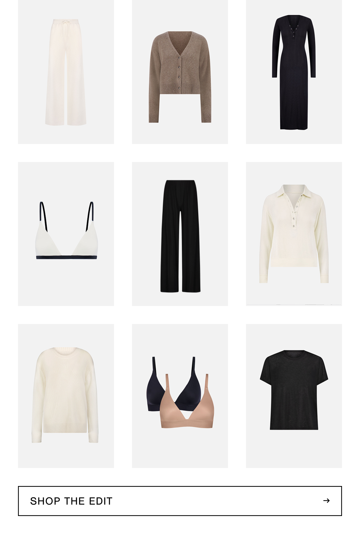 A 3x3 grid of luxe lounge and intimates featuring Cashmere, Serpente, Waffle Knit, Whipped, Fino Featherweight Cashmere, and Glacé fabrics. Shop the Edit.