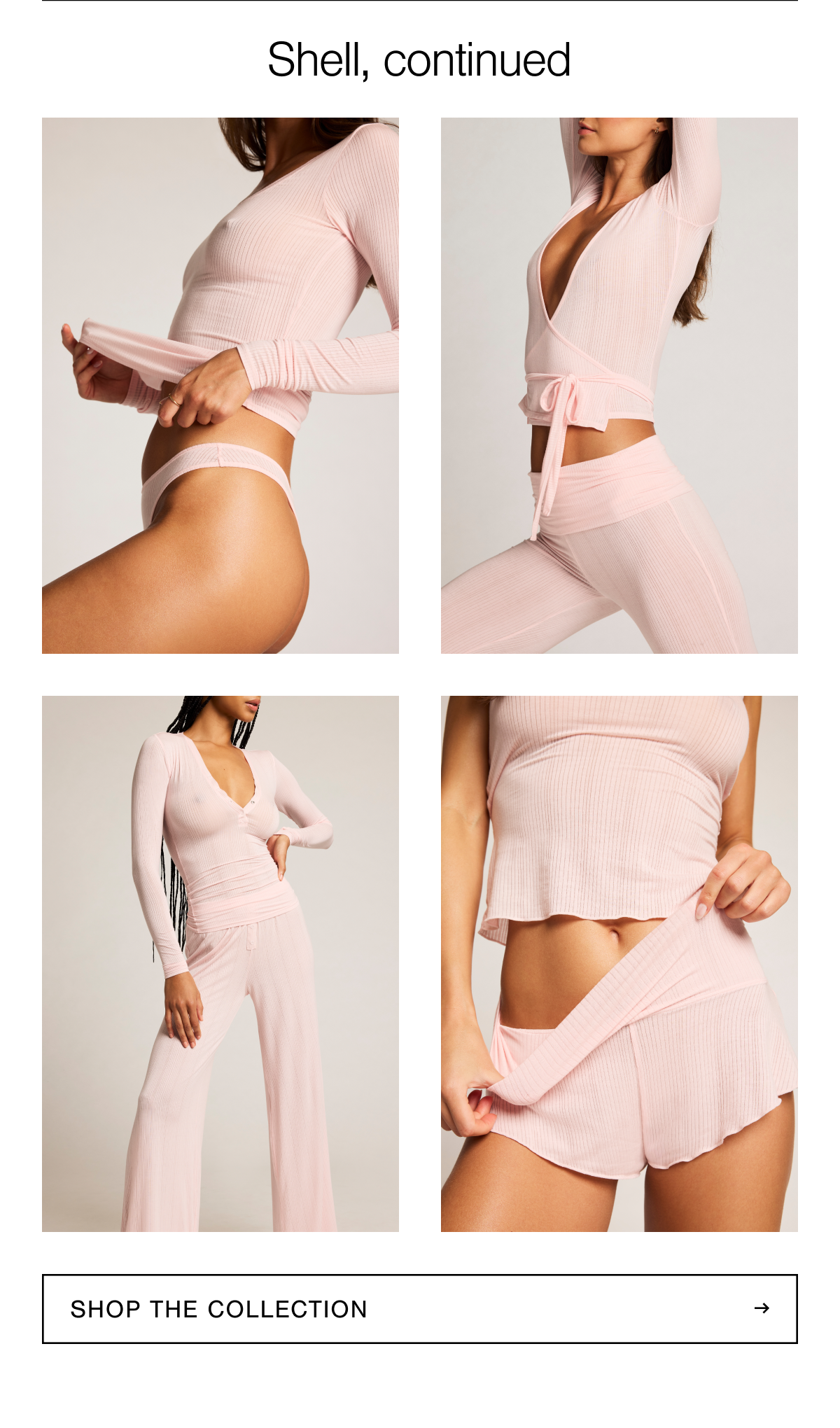 A 2x2 grid featuring Shell in our wispy soft micro modal stretch fabric. Shop Whipped in Shell.