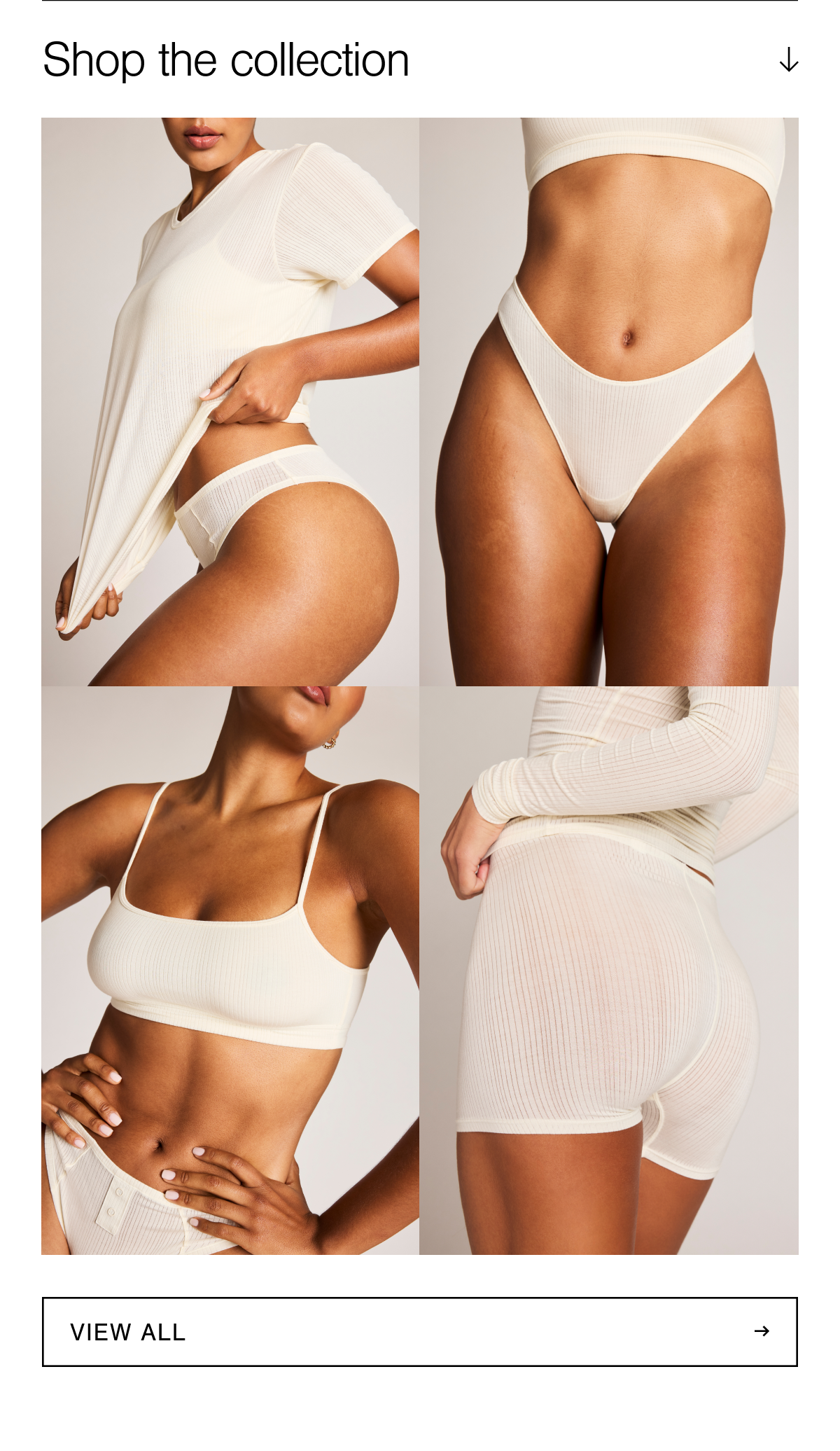A 2x2 grid featuring Whipped lounge, bras, and underwear in Cream. Imagine the softest thing you’ve ever felt. Now softer. That’s Whipped. You’ll never want to take it off.