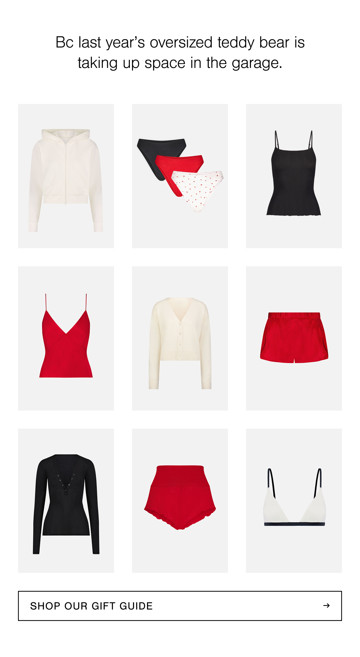 A 3x3 grid featuring the perfect gifts for her: lounge, sleepwear, bras, and underwear in cream, cerise red, and black. 