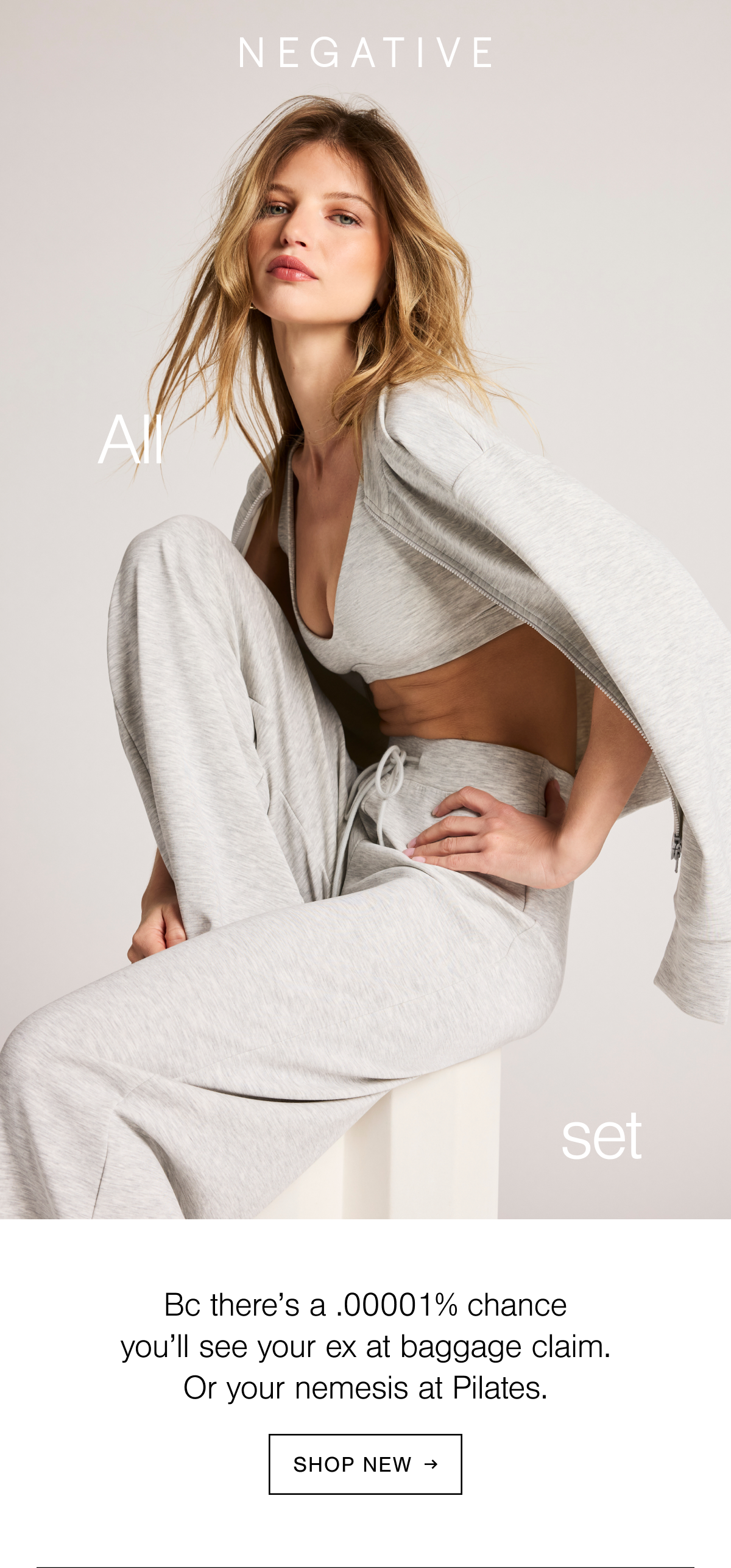 Model is wearing our newest loungewear fabric. Airis is plush, elevated, and unmistakably luxe. Featuring a two-way zipper bomber over top of a scoop bralette paired with a wide leg track pant. Shop new in Airis. 