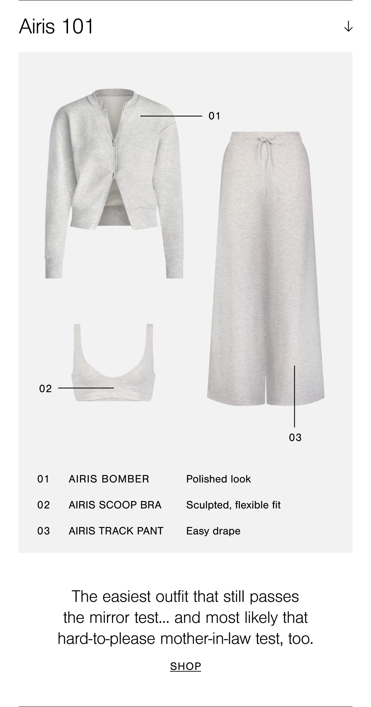 A diagram showcasing the new Airis Bomber, Track Pant, and Scoop Bra. The Airis Bomber has a polished look, the Scoop Bra is sculpted with a flexible fit, and the Track Pant has a wide leg with easy drape. 