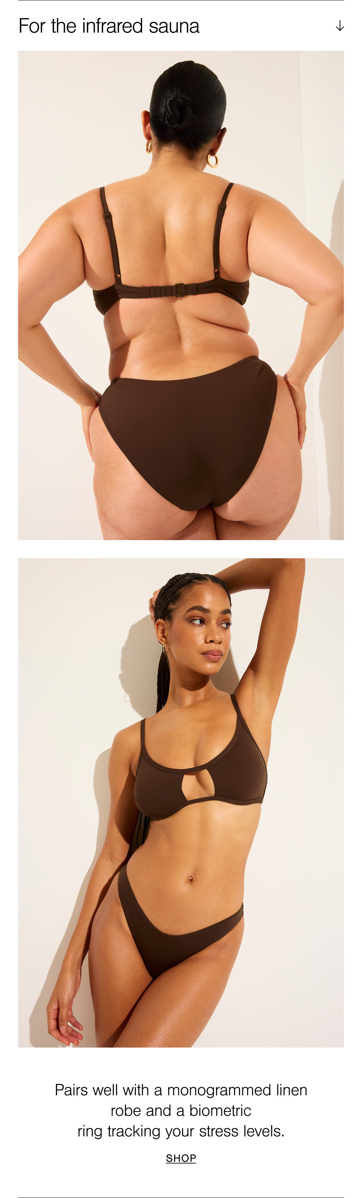2 models wearing the Swim Cutout Top and Scoop Brief in Espresso. Our best-selling Cutout Bra, now in swim form and a scoop brief featuring a cheeky back that can be worn high or low on your hip. 