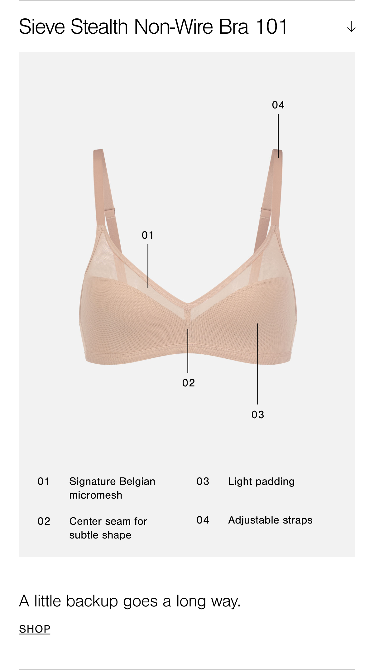 A diagram of the Sieve Stealth Non-Wire Bra showcasing the signature Belgian micromesh, center seam for subtle shape, light padding, and adjustable straps.