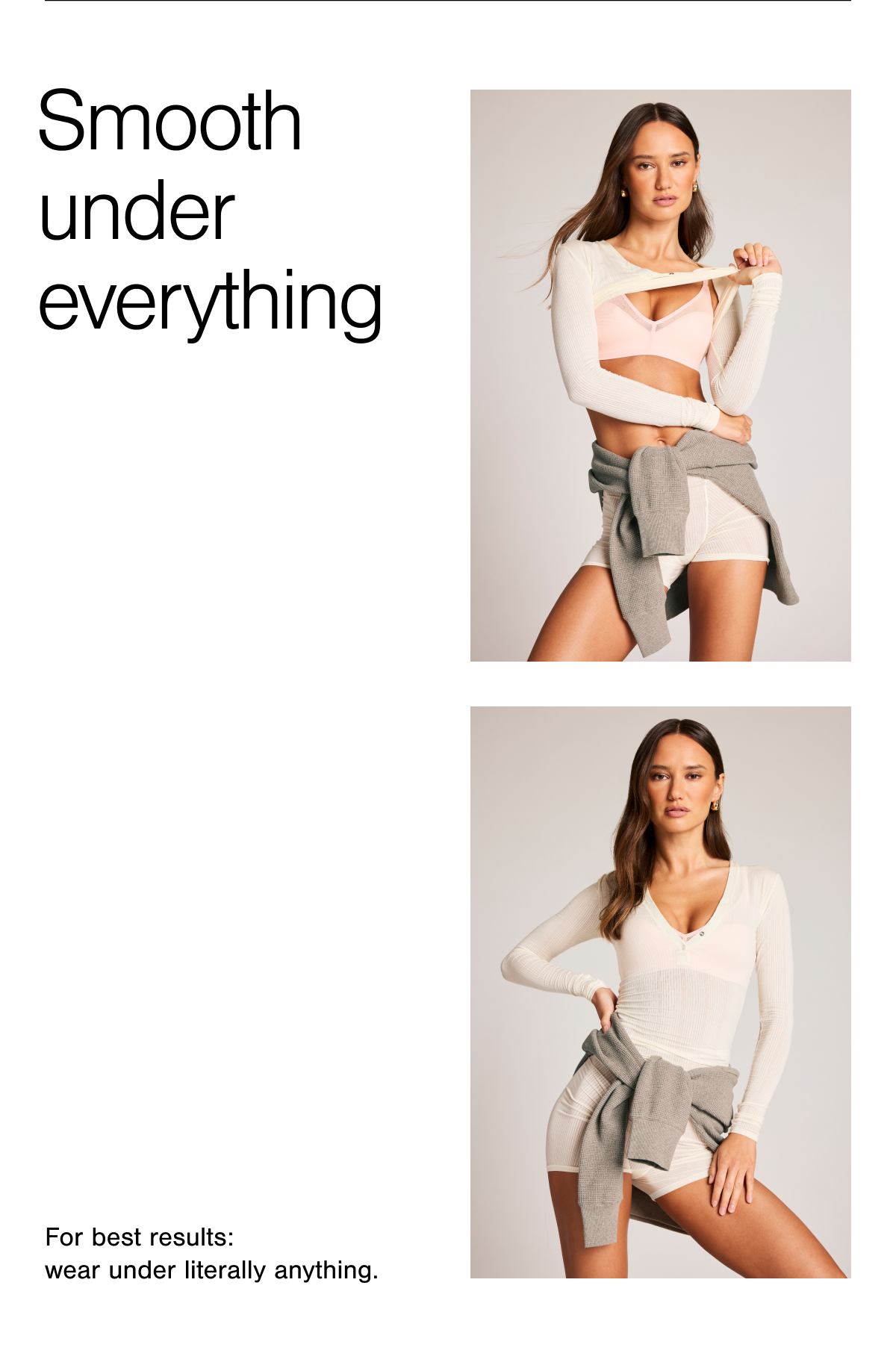A styled look showcasing Whipped and Waffle Knit loungewear over top of the Sieve Stealth Non-Wire Bra. Smooth under everything.