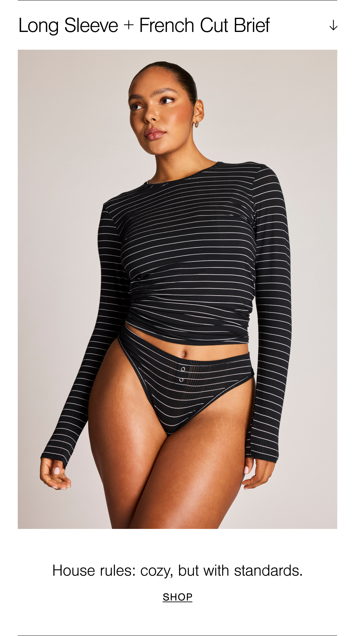 Model in Whipped Long Sleeve and French Cut Brief in Satellite. A striped micro modal fabric.