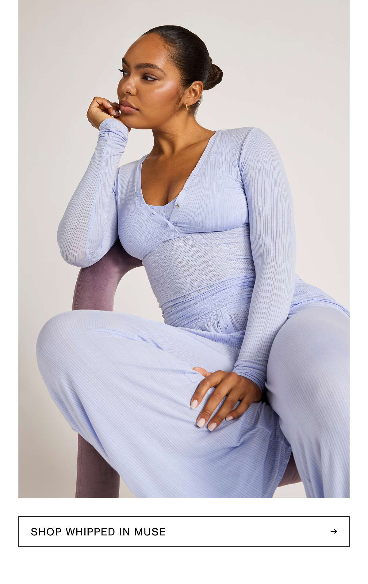 Model is wearing the Whipped Henley, Track Pant, and Non-Wire Bra in Muse. Shop Whipped in Muse.