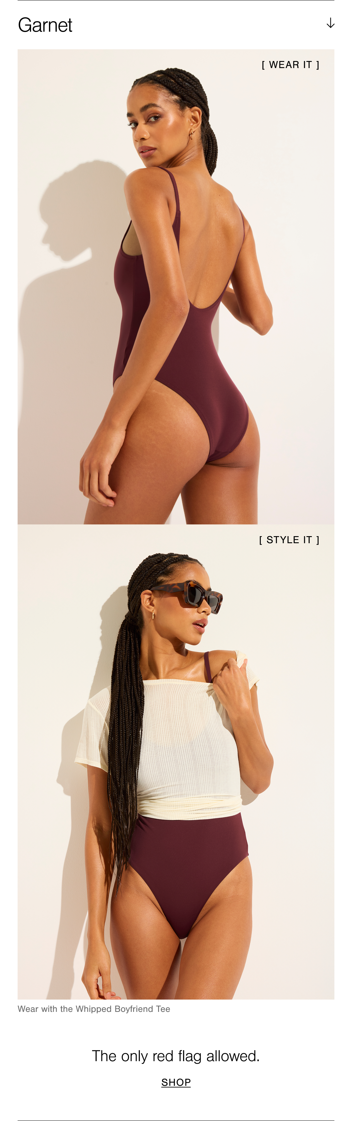 Featuring the Swim Strappy One-Piece in Garnet. Garnet is a sumptuous velvety pinot deep red tone.