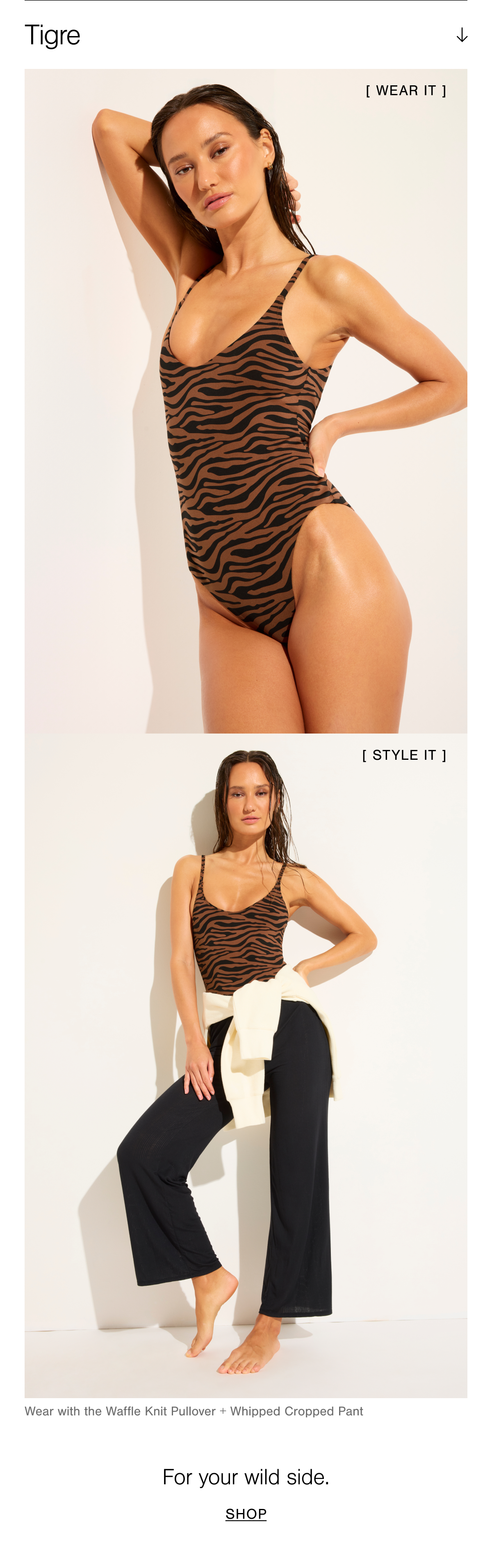 Featuring the Swim Strappy One-Piece in Tigre. Tigre is a classic black tiger stripe on a rich terracotta base.