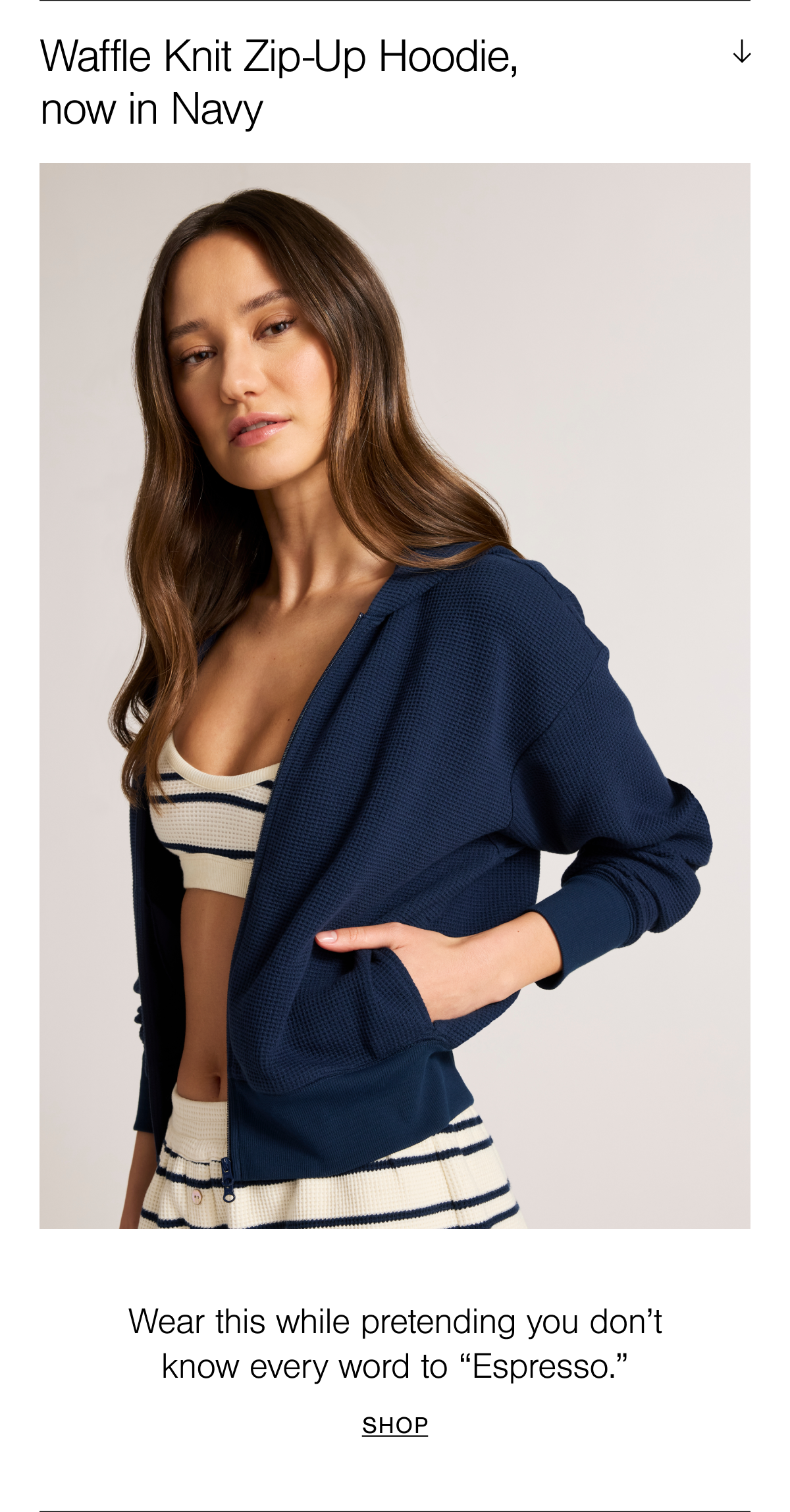 A cool and effortless zip-up hoodie made from our ultra-plush waffle knit fabric. Shop the Waffle Knit Zip-Up Hoodie now available in Navy.