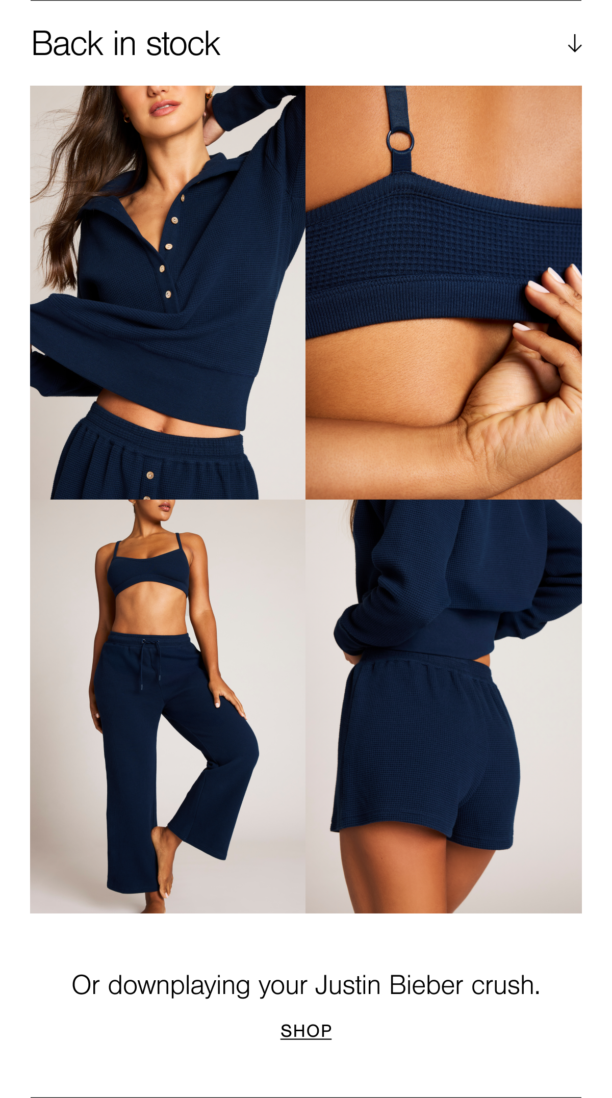 Waffle Knit in Navy is now back in stock. Navy is an inky deep blue tone.