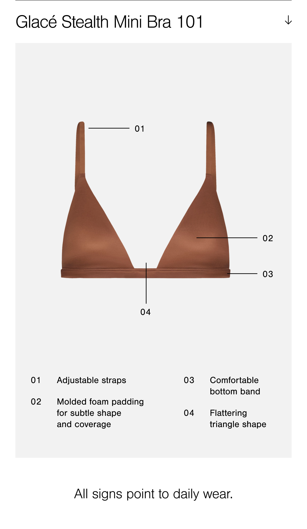 Featuring the Glacé Stealth Mini Bra in Syrup — adjustable straps, molded padding, bottom band, triangle shape.