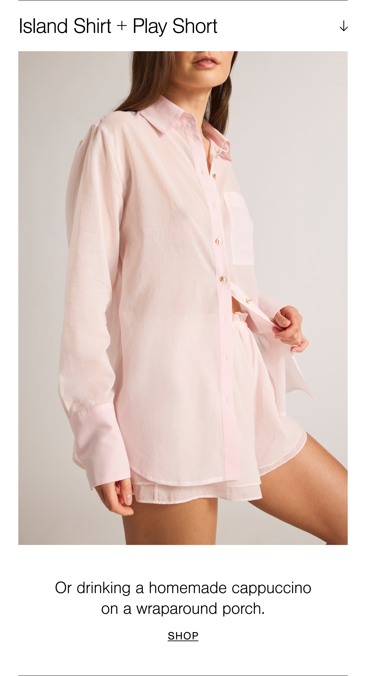 Introducing the Island Shirt and Play Short. A semi-sheer, super-light long sleeve and airy short with flirty ruffle detail.