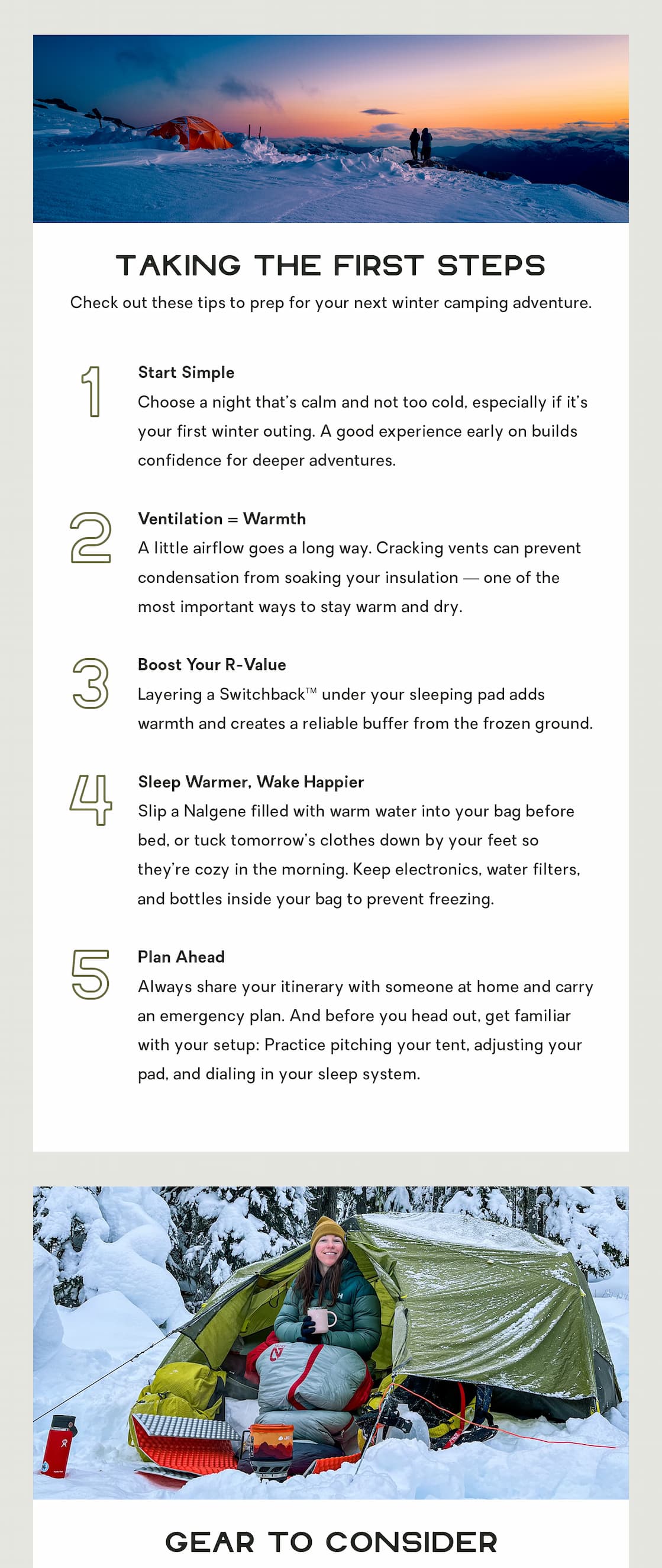 Taking the First Steps: Check out these tips to prep for your next winter camping adventure.