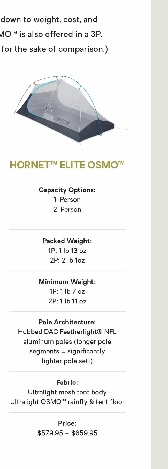 Hornet™ Elite OSMO™ Specs 