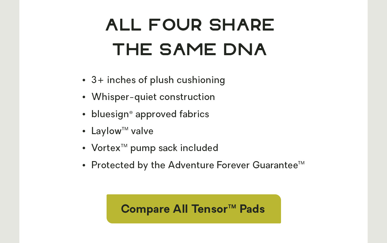 3+ inches of plush cushioning   Whisper-quiet construction   bluesign® approved fabrics   Laylow™ valve   Vortex™ pump sack included   Protected by the Adventure Forever Guarantee™
