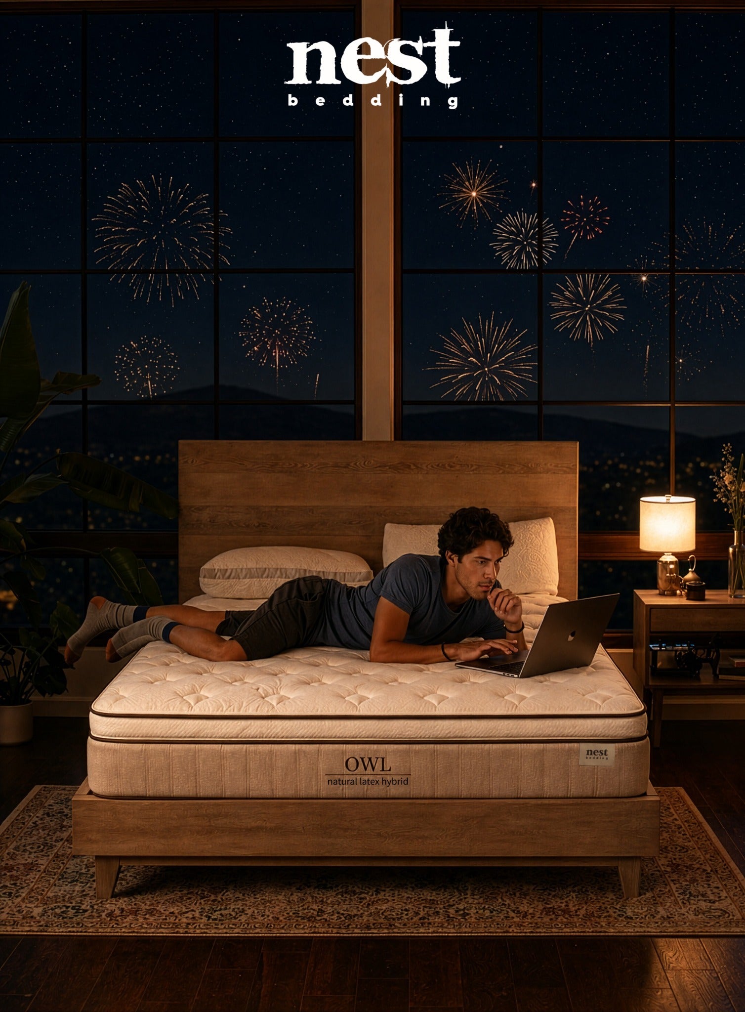 Owl mattress in a bedroom with fireworks and the Nest Bedding logo