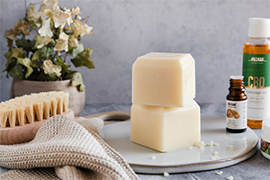 two blocks of Tension Melt Cubes stacked on top of each other with a brush to the left and NOW products to the right