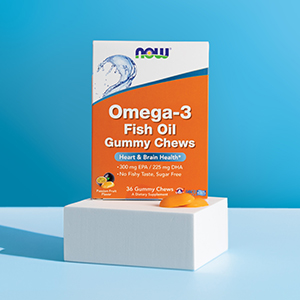 Box of Omega-3 Fish Oil Gummy Chews on blue background