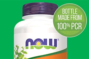 Badge reading "Bottle made from 100% PCR" over a image of a NOW Supplement bottle 