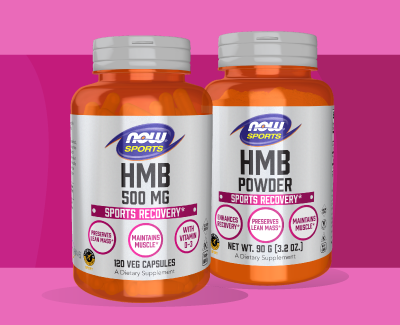 NOW Sports HMB 500 MG and HMB Powder on a pink background