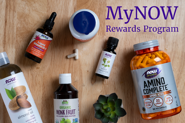 "MyNOW Rewards Program" Group of NOW Products Including Almond Oil, Monk Fruit, Liquid Vitamin D-3, Sweet Marjoram Oil, Amino Complete. 