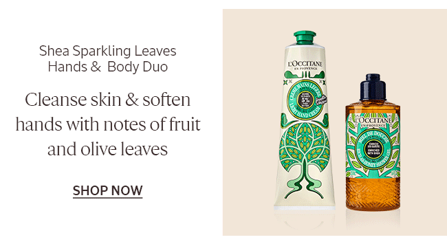 SHEA SPARKLING LEAVES HANDS & BODY DUO | CLEANSE SKIN & SOFTEN HANDS WITH NOTES OF FRUIT AND OLIVE LEAVES | SHOP NOW