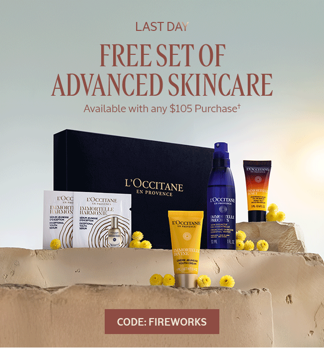 LAST DAY | CELEBRATE FOURTH OF JULY | FREE SET OF ADVANCED SKINCARE | AVAILABLE WITH ANY $105 PURCHASE† | CODE: FIREWORKS