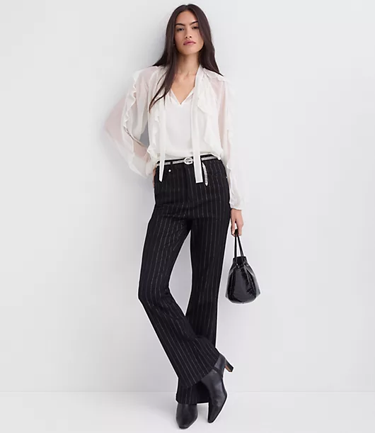 Petite High Rise Slim Flare Jeans in Black Pinstripe