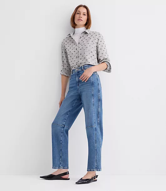 Petite High Rise Barrel Jeans in Classic Mid Wash