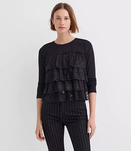 Petite Lace Ruffle Mixed Media Top