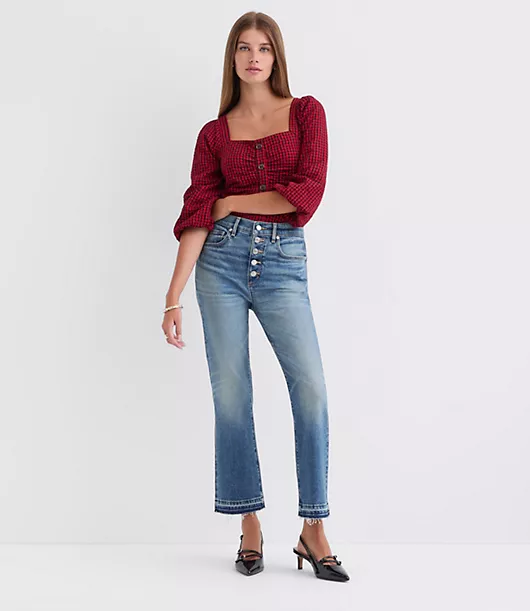 Button Front High Rise Kick Crop Jeans in Mid Vintage Wash