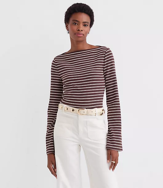 Stripe Ribbed Flare Sleeve Boatneck Top