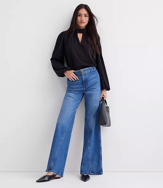 Belted Slim Wide Leg Jeans in Bright Medium Stone Wash